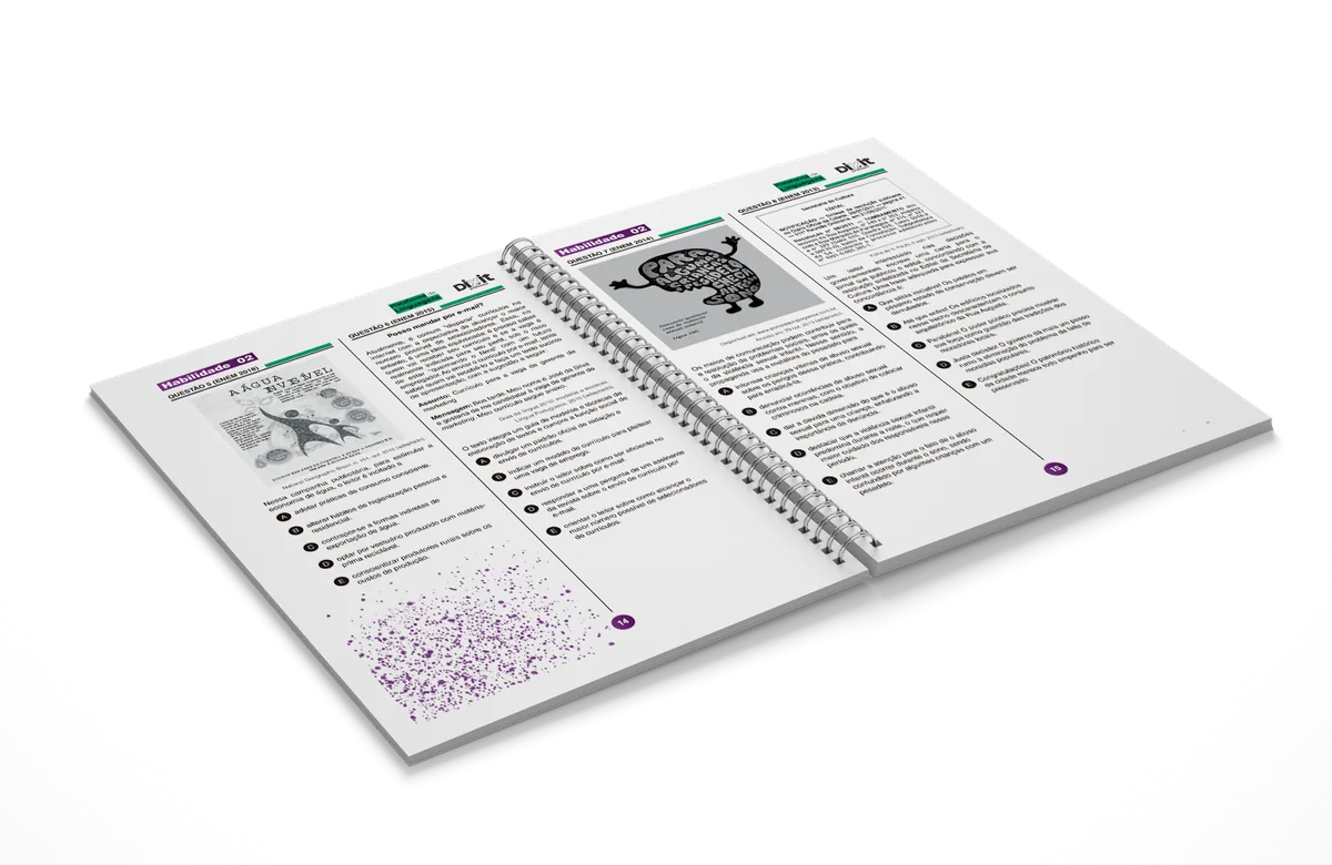 Miolo diagramado de caderno de questões com exercícios de vestibular