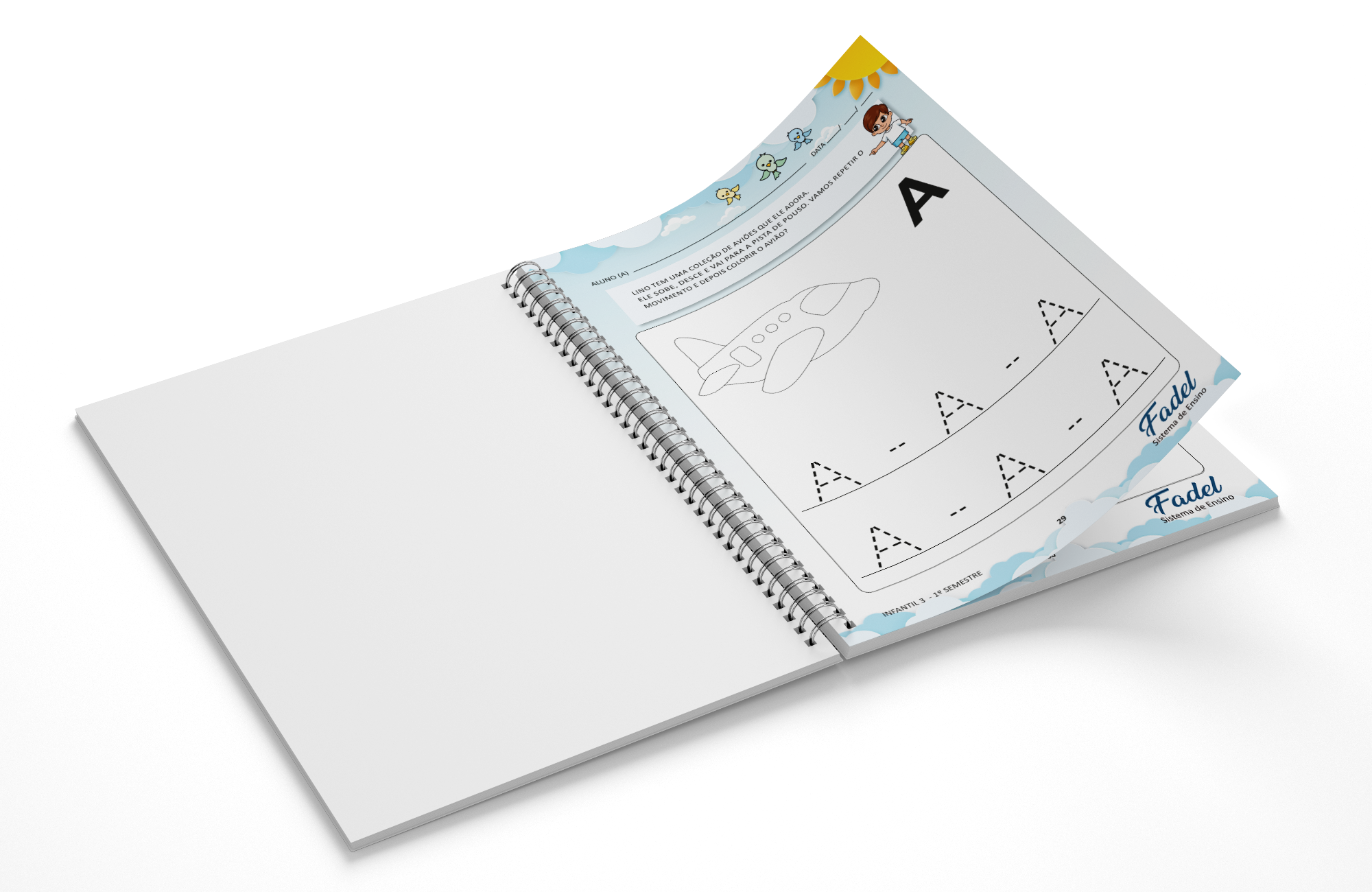 Miolo diagramado da apostila infantil em mockup aberto