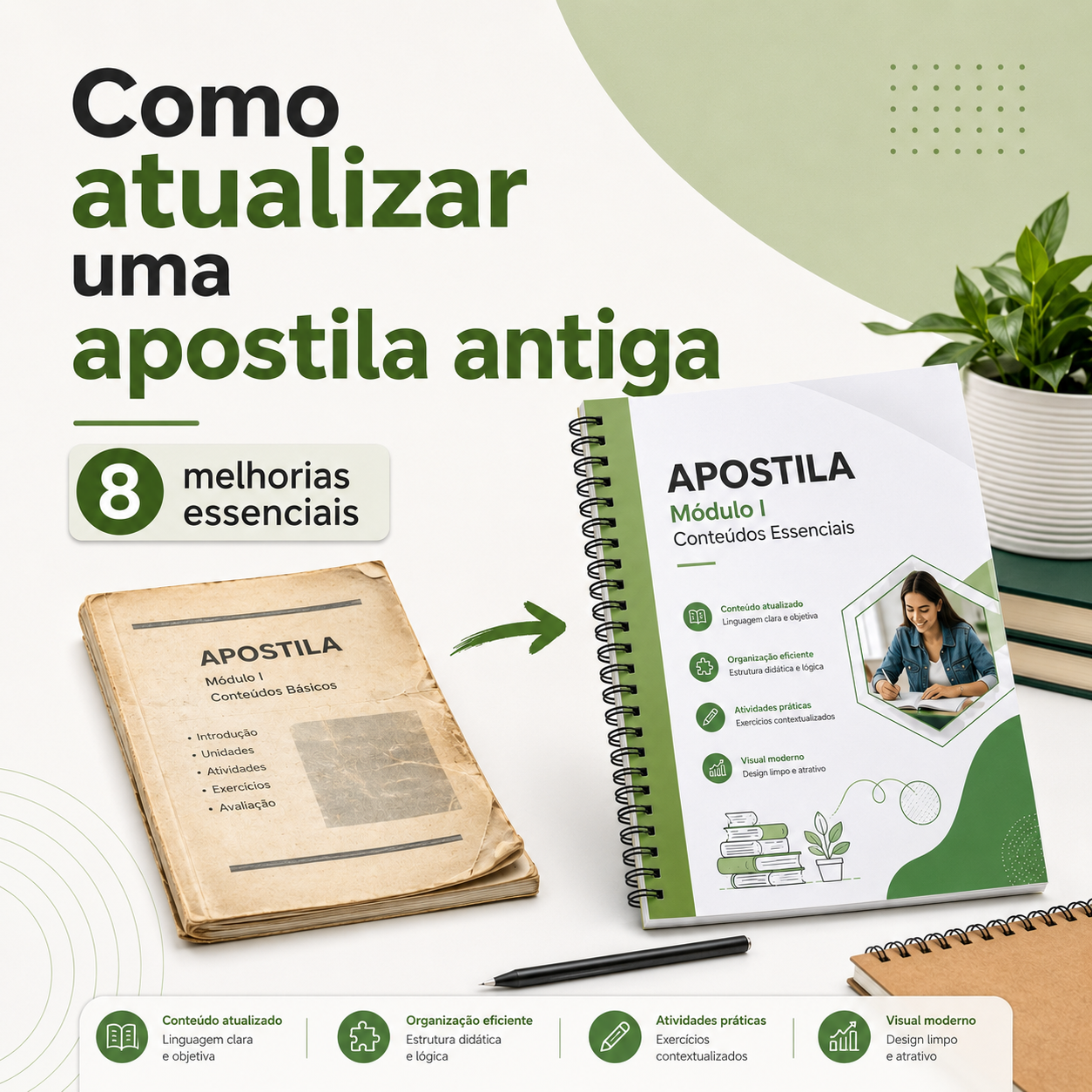 Comparação entre uma apostila antiga e uma versão atualizada com projeto gráfico profissional
