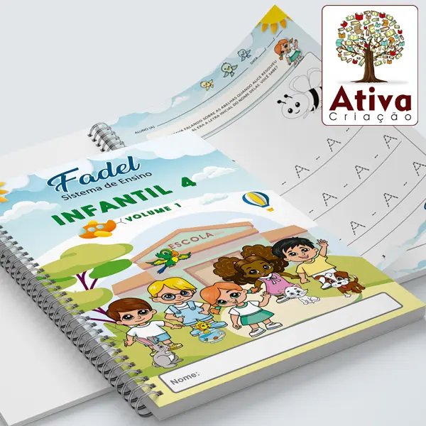 Apostila Fadel Infantil 4 com capa e atividade interna em mockup
